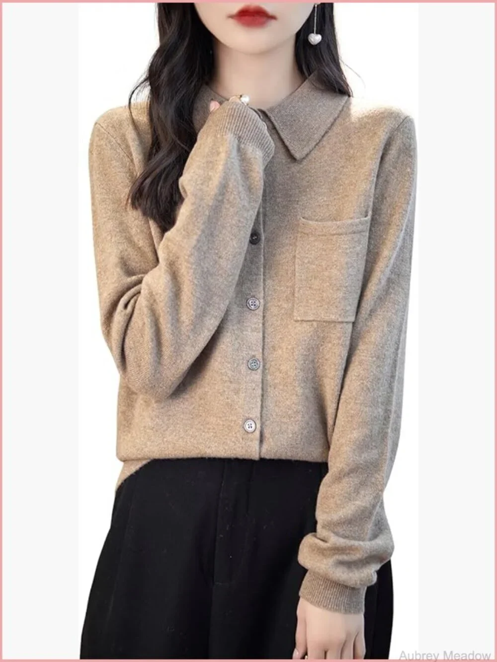 Women's 100% Merino Wool Polo Neck Cardigan Sweater Long Sleeve